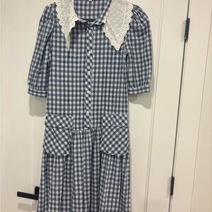 Blue Gingham Dress with White Lace Collar